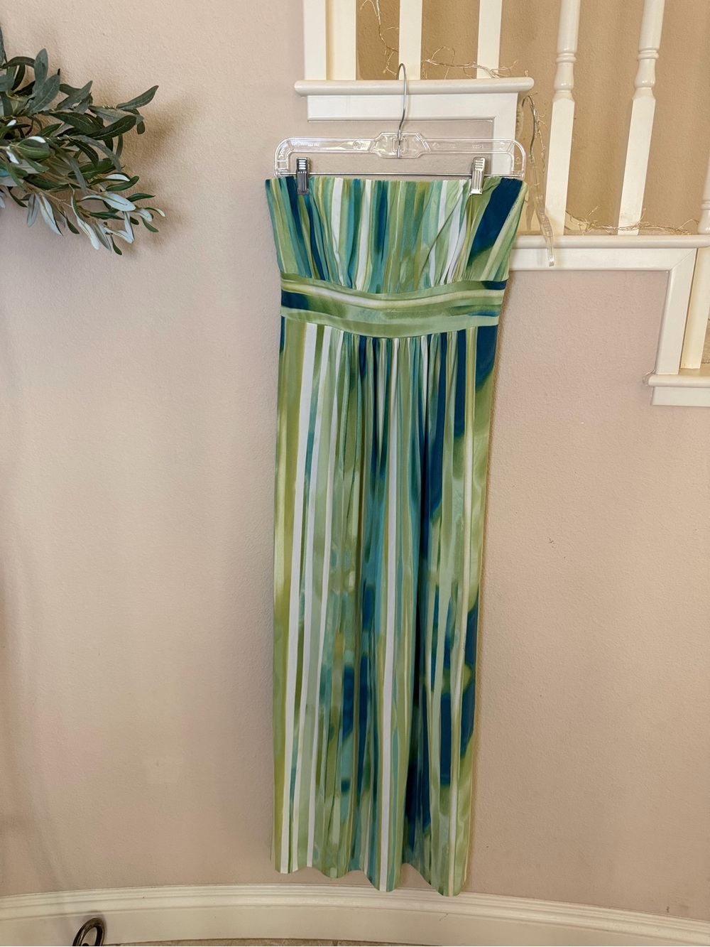 Soma Strapless Dress in Green and Blue Multi-Stripe